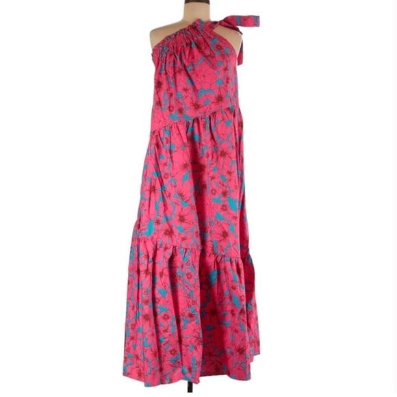 XIRENA 100% Cotton Poplin Pink Blue Floral One Shoulder Tiered Maxi Dress M - Picture 3 of 8